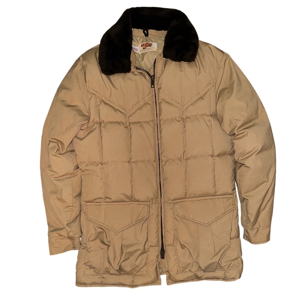 Vintage Comfy Down Insulated Parka Jacket Tan Faux Fur Collar Mens L Made in USA